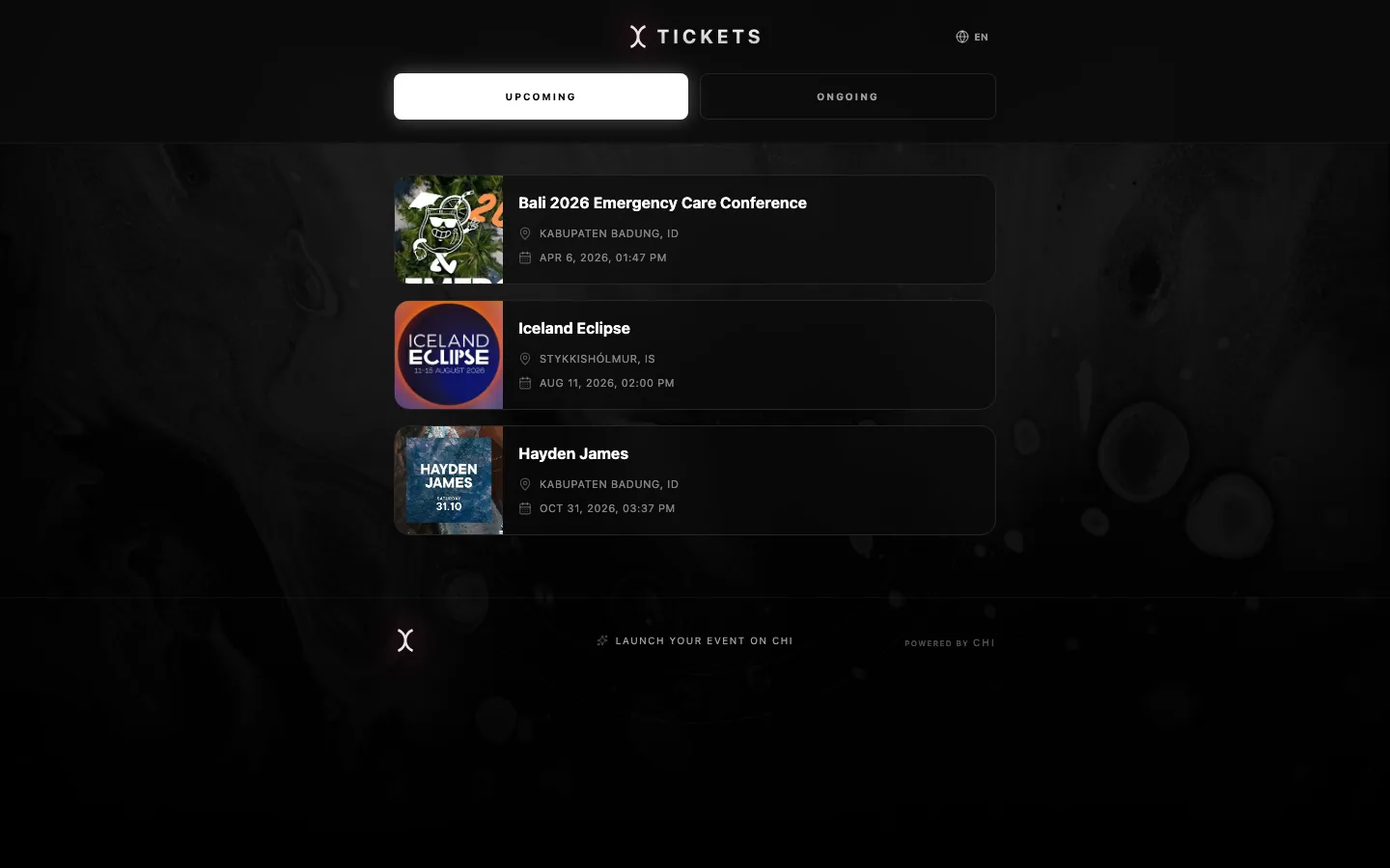 EventCHI ticketing app — list of upcoming events