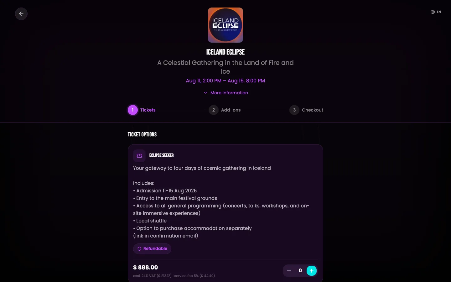 EventCHI event detail — Iceland Eclipse with multi-step ticket checkout