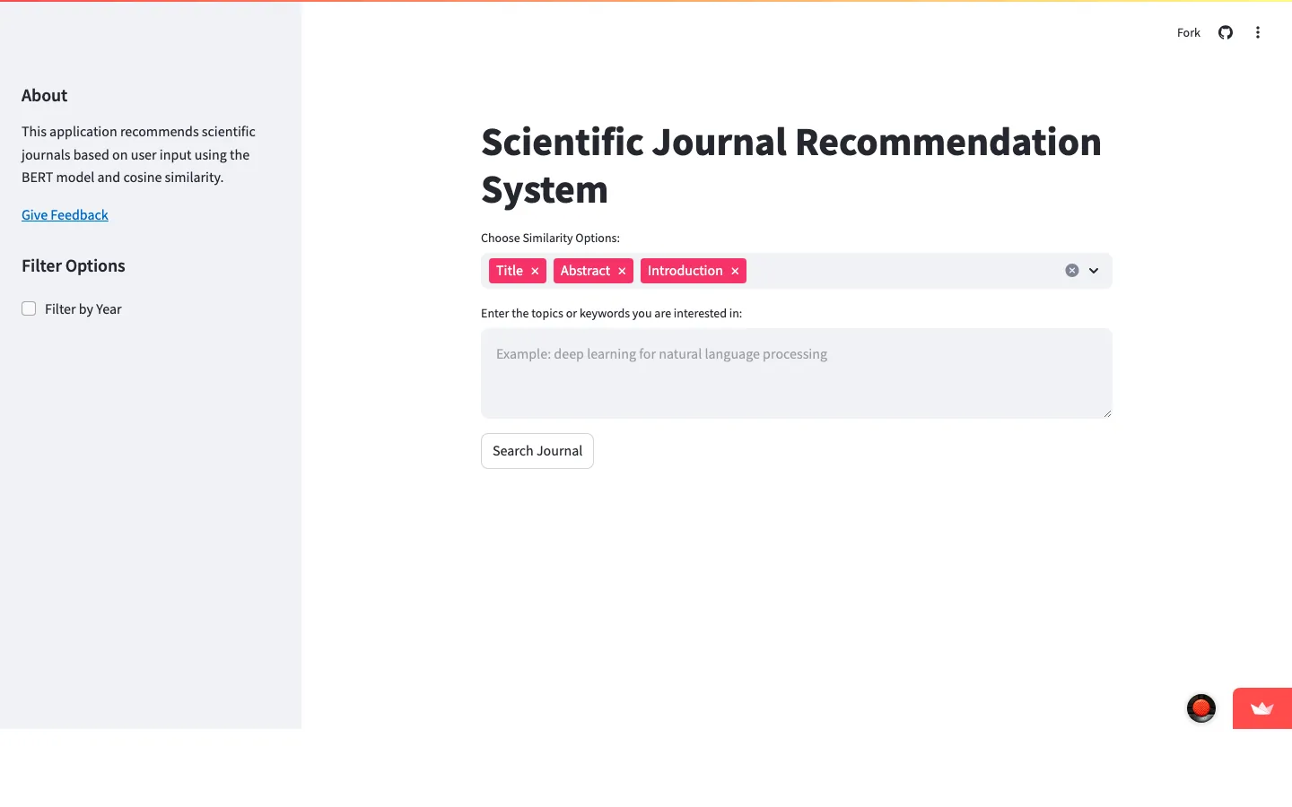 Paper recommender — search form with similarity options (Title, Abstract, Introduction)
