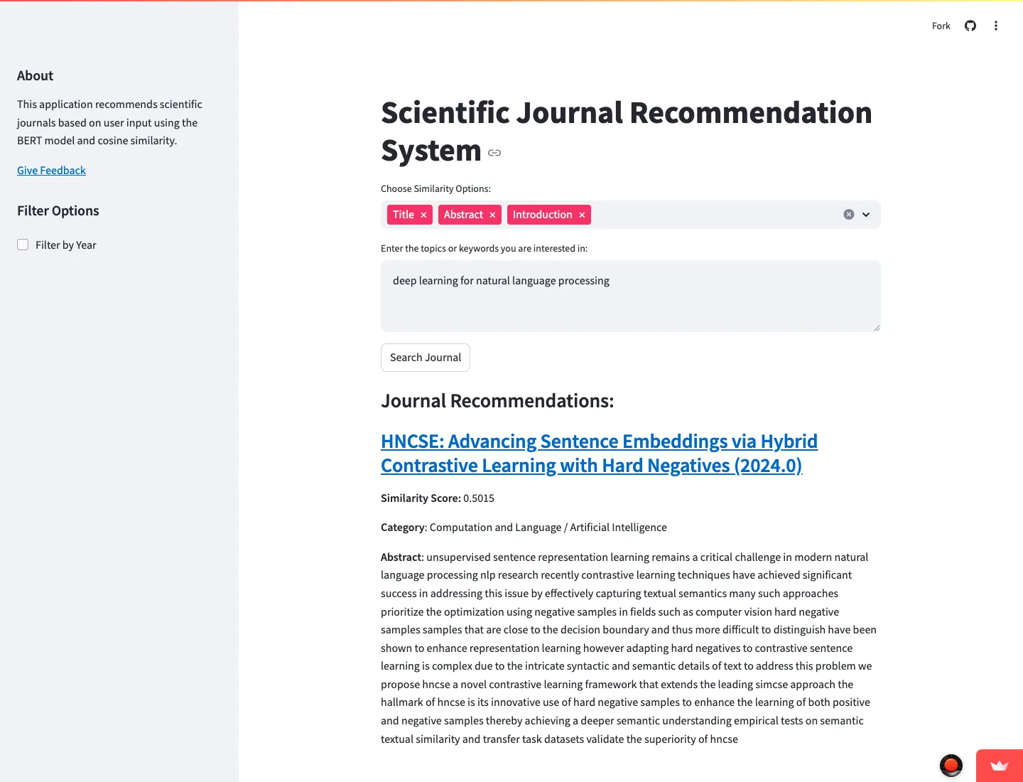 Paper recommender — live query results showing HNCSE recommendation with similarity score